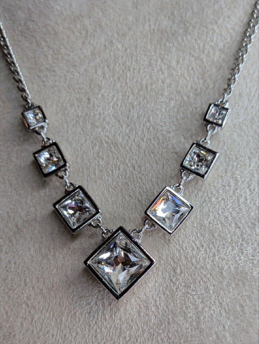Swarovski Square Crystal Pendant Necklace Silver Tone 21" Classic Timeless
